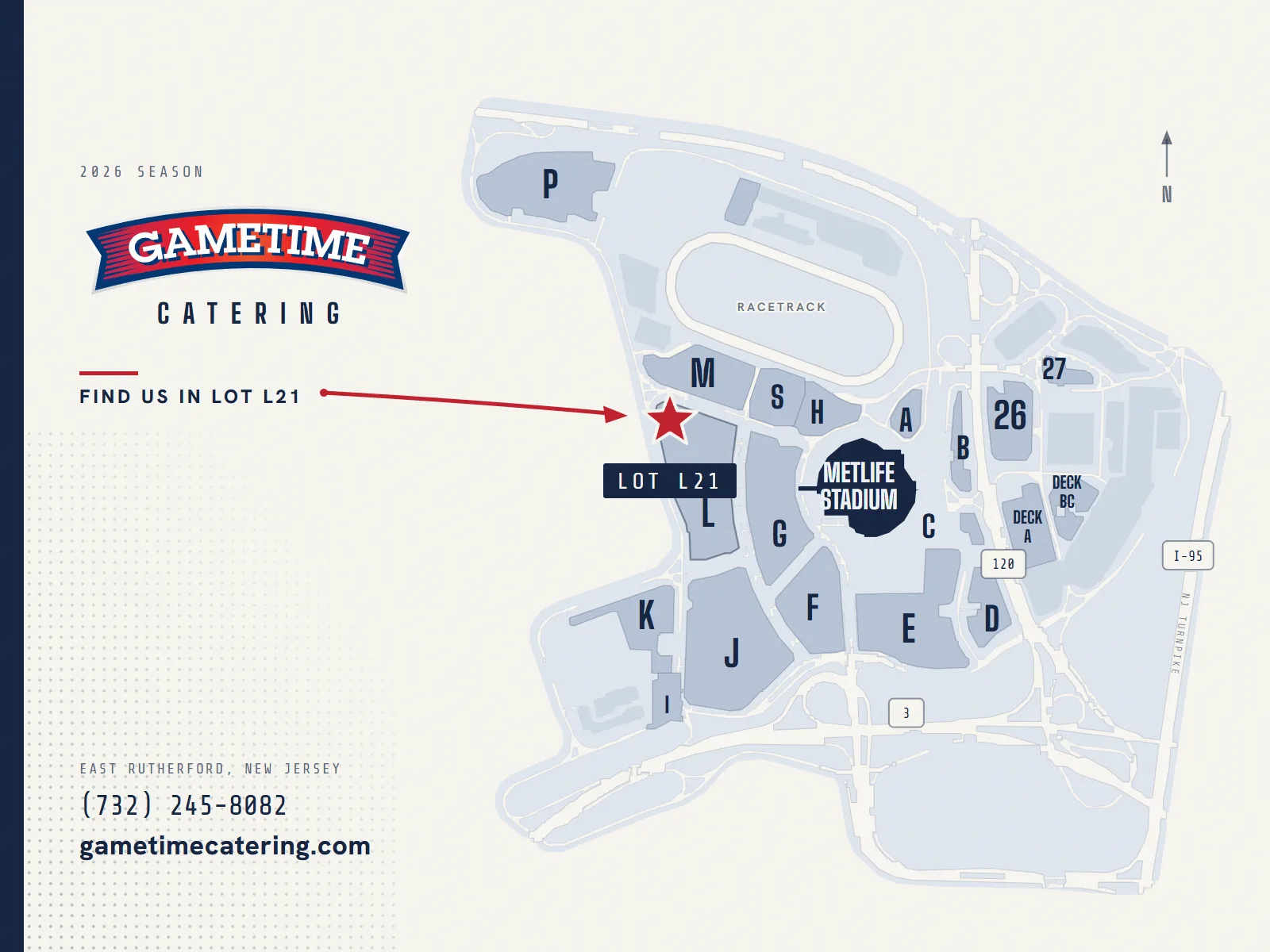 Map of the MetLife Stadium parking lots with a star marking Gametime Catering's spot in Lot L21