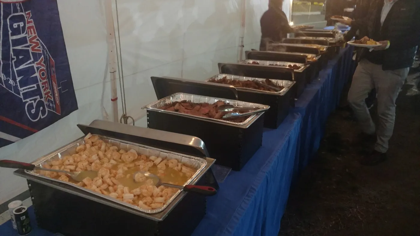 A close look at the buffet — chafing dishes full of food