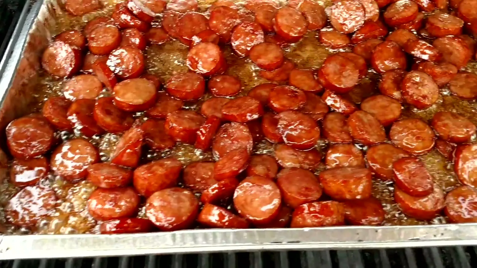 A tray of glazed candied kielbasa